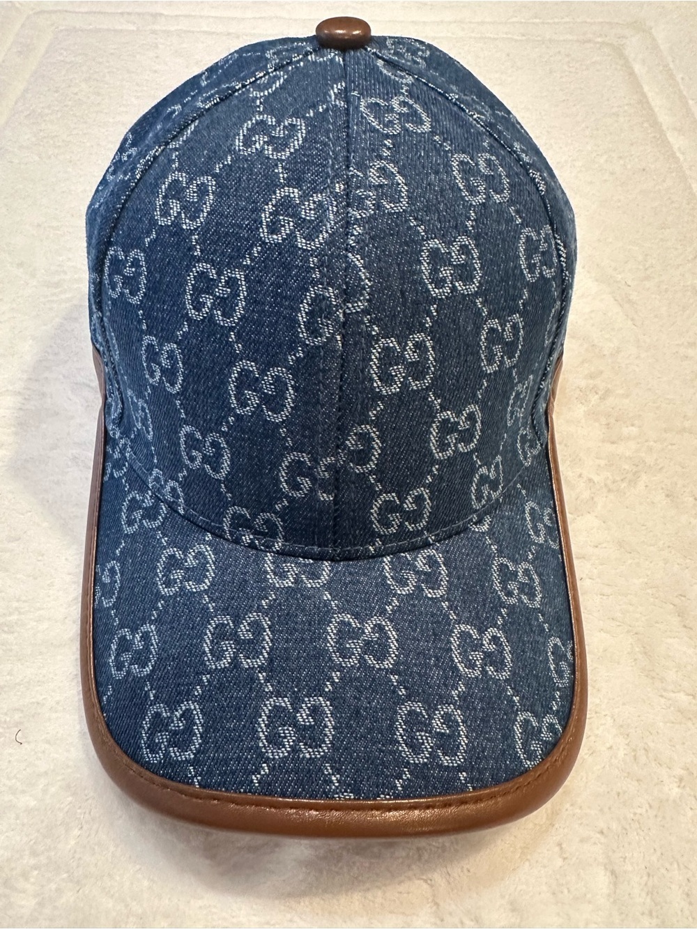 Fashion Inspired Denim Baseball Cap - Blue with Brown Trim